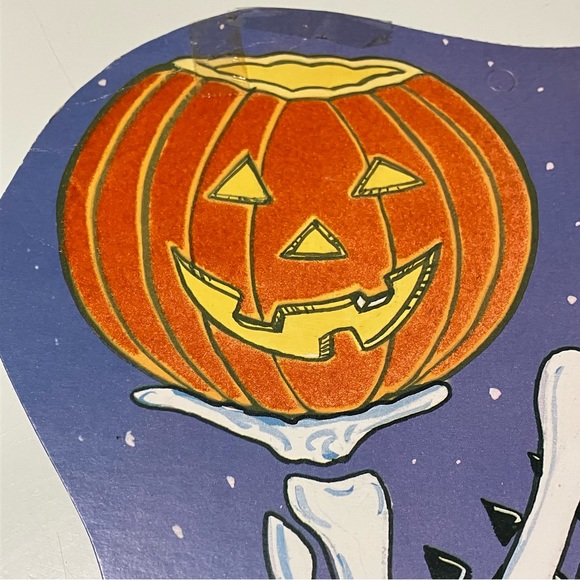 Vintage Eureka Halloween Skeleton Pumpkin Flocked Fuzzy Double Sided Die Cut - Picture 3 of 13
